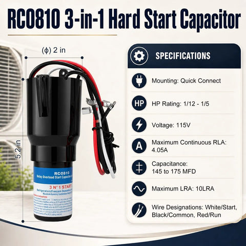 3-In-1 Hard Start Capacitor Quick Connect For 1/12 To 1/5 Hp. 145-175 Mfd 115V with wires for easy installation.