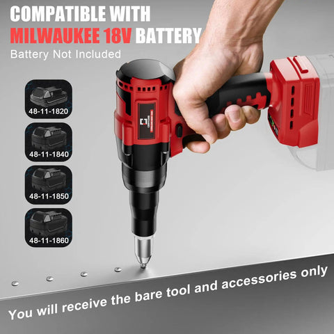 Rivet Gun For Milwaukee 18V Battery - Cordless Riveting Tool With 3 Nose Sizes shown in hand, battery not included