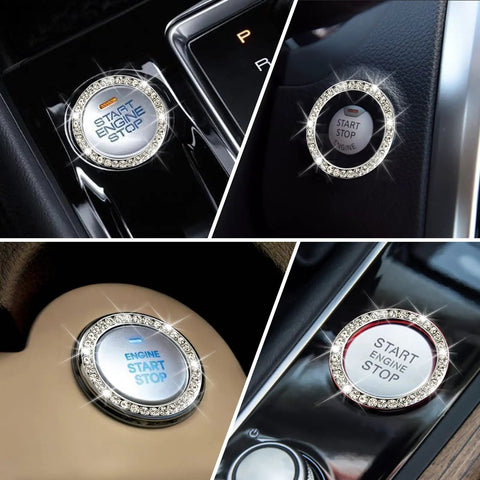 Car engine start button covers with rhinestone detail on various dashboards, sparkling diamond-like ring design for added style.