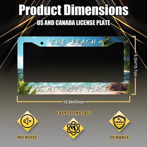 Beach Vibes License Plate Frame With Palm Tree Hawaii Theme, Stainless Steel Car Accessory dimensions shown in image