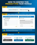 Image showing steps to confirm product fits vehicle using license plate and vehicle information verification.
