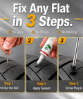 Heavy Duty Tubeless Tire Plug Kit With 61 Durable Rubber Repair Nails And Slick Tools For Fast Fixes demonstration showing 3 steps to fix a flat tire.