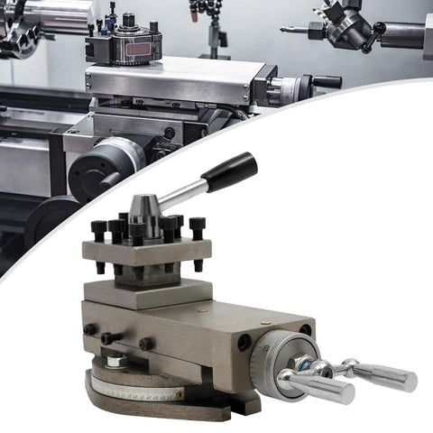 AT300 metal lathe quick-change tool post holder with lever and dial on a mini lathe setup