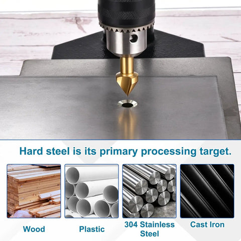 Slick And Sharp 60 Degree Countersink Drill Bit 16.5mm Premium Cobalt Steel Single Flute Cutter in action on metal.