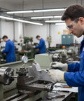 Side view of stainless steel adjustable angle V-block milling gauge being used by machinist at a lathe.