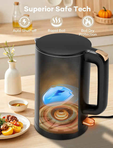 Double Wall 1.7L Electric Kettle With Cool Touch Exterior No Burn Hands Safety Rapid 1500W Boil Stainless Steel Water Boiler And Heater Cordless Base BPA Free Black in kitchen setting