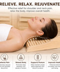 Upgraded Handcrafted Hemlock Wood Sauna Pillow For Head Neck And Shoulder Support Curved Ergonomic Design shown in use for relaxation.
