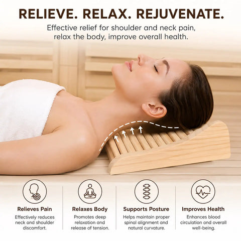 Upgraded Handcrafted Hemlock Wood Sauna Pillow For Head Neck And Shoulder Support Curved Ergonomic Design shown in use for relaxation.