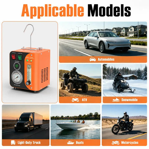 Professional Grade Rock Solid Automotive Smoke Machine With Built In Air Pump For Evap System Leak Testing shown with compatible vehicle types.