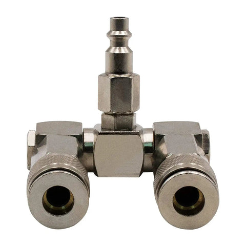 Front view of Two Way Air Manifold 3 Port Industrial Pneumatic Quick Connect Swivel Socket 360 Degree Hose Splitter Line Connector