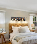 Bedroom with five light plug in track lighting kit in black with rotatable heads, modern farmhouse ceiling light fixture above bed