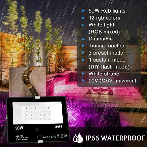 50W Outdoor RGB LED Flood Light With Remote And Built In Timer, 12 Rad Color Modes For Sick Vibe Checks, IP66 Waterproof Rating That Kills Moisture