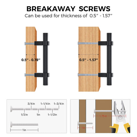 Breakaway screws for Matte Black 25 Pack Cabinet Handles showing size range 0.5" to 1.57" thickness, with measurements.