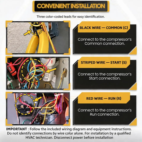 Heavy Duty Hard Start Capacitor Kit For HVAC AC Compressors 189 To 227 Mfd And 208 To 240 Volt installation guide with color-coded wires.