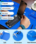 Massive Silicone Soldering Mat With Hella Heat Resistance Up To Five Hundred Degrees Fahrenheit Badass Workbench Pad For Phone Laptop Electronics Bga Rework And Soldering Gear Blue with tools and phone part in use.