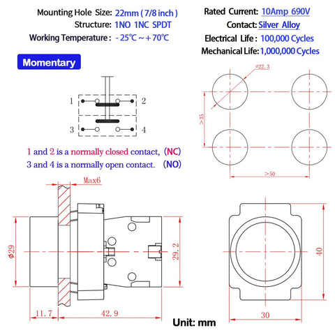 Technical diagram of Two Pack 10Amp 22mm Momentary Push Button Switch Blue 1NO 1NC SPDT Metal Button IP65 Waterproof