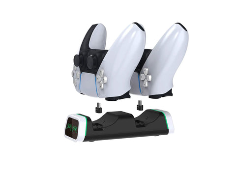 Dual PS5 Controller Charging Station With Rapid Safe Power Indicators showing sleek design with two controllers and charging dock.