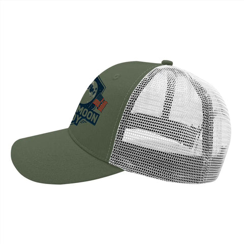 Army Green Full Moon USA Flag Statement Hat For Men Trucker Cap side view with ventilated mesh back
