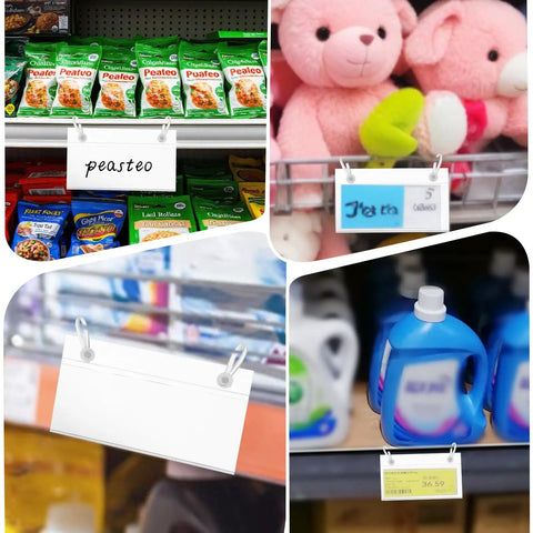 100 Pack Clear Transparent Wire Shelf Label Holders for labeling products like canned goods, toys, and cleaning supplies.