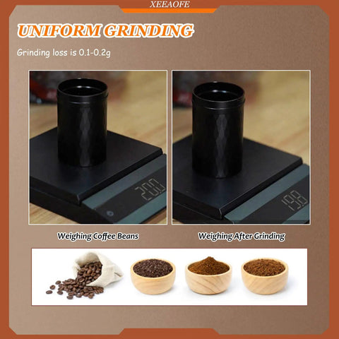 Slick Electric Coffee Bean Grinder Featuring Conical Burrs and Anti Static Guard shows uniform grinding process with weight scale.
