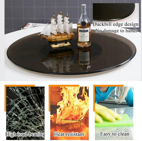 35 Inch Heavy Duty Lazy Susan Turntable Boasting Smooth Rolling Action Tempered Glass Top with ship and bottle on display.