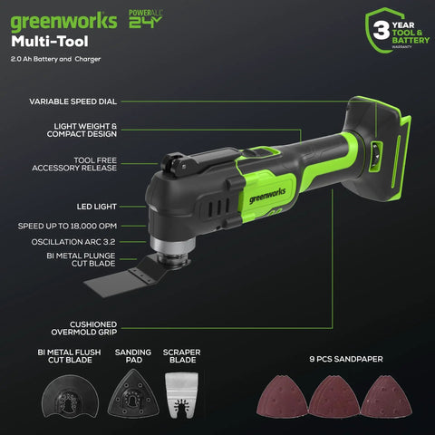 Cordless Oscillating Multi Tool For Cutting Scraping Sanding And Nailing, 18,000 OPM, 6 Speed Settings, 2.0Ah USB Power Bank Battery, 2A Charger, 13 Accessories Included, Compact Design For Tight Spaces on display