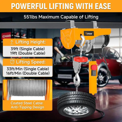 Heavy Duty Electric Hoist Providing 550 Pound Lifting Capacity And Powerful 560 Watt Motor Smoothly Moves tools and tires in garage.