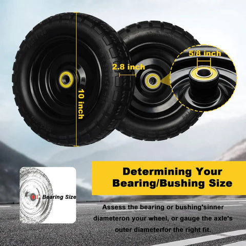 Flat Free 10 Inch Solid Rubber Wheel Set For Garden Carts And Hand Trucks, detailed view with size chart and bearing measurement