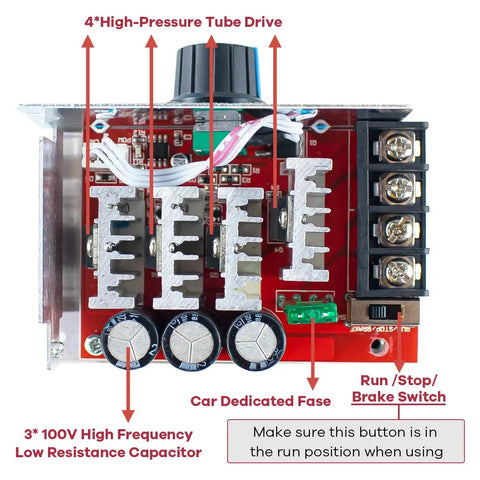 DC Motor Speed Controller PWM 7 To 70V 30A with fuse, capacitors, and brake switch, ideal for 12V to 48V DIY rigs and projects.
