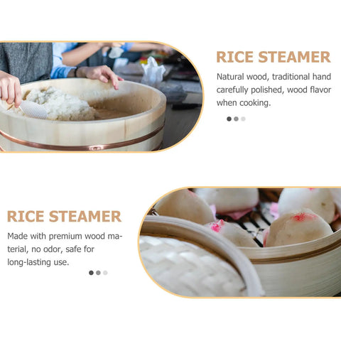 Handmade Wooden Rice Steamer Bucket With Flat Lid And Detachable Base For Commercial Kitchen Use, filled with rice, in use.