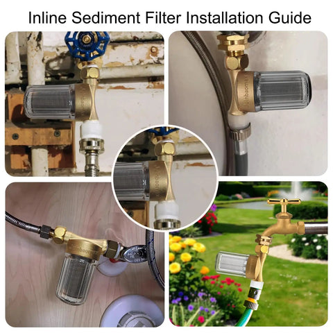 Inline setup of Brass Washing Machine Water Filter Reusable 40 Micron Sediment Filter High Flow Anti Scale Filtration Up To 15 GPM