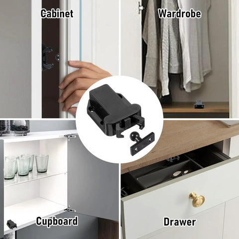 Four Pack Slick Push To Open Cabinet Latches Smooth Tap No Fuss Touch Catch Lock Self Securing Heavy Duty Drawer Hardware For Kitchen Cupboards And Wardrobes displayed in cabinet, wardrobe, cupboard, and drawer.