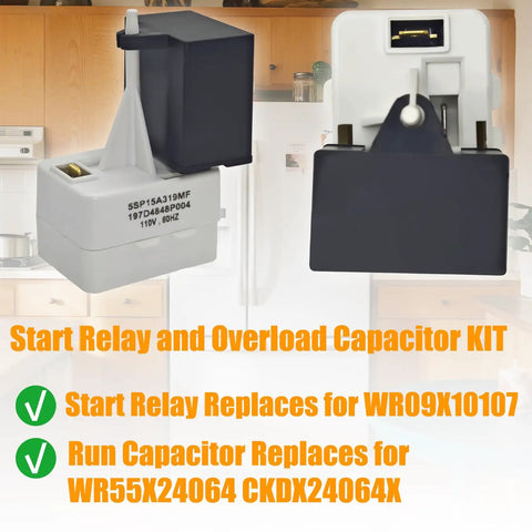No Sweat Refrigerator Start Relay And Overload Capacitor Kit Replacement For Wr09x10107 Wr55x24064 Ckdx24064x, showing relay and capacitor in kitchen.