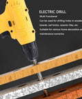 Heavy Duty Cordless Electric Drill Kit With Ergonomic Soft Touch Grip And Rapid Bit Exchange showcasing yellow drill on wood and ceramic.