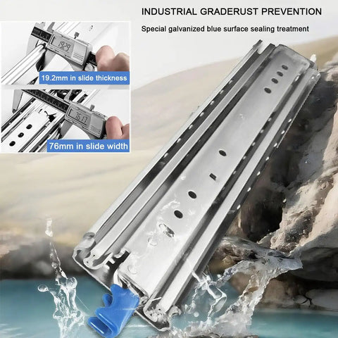 Badass Heavy Duty Ball Bearing Drawer Slides With Half Ton Capacity, 19.2mm thick, 76mm wide, galvanized steel runners for cabinets.
