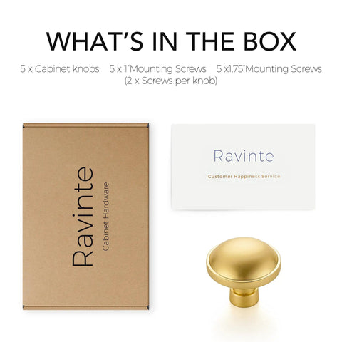 Rock Solid Zinc Alloy Cabinet Pulls Featuring A Slick Brushed Gold Finish 1 1/4 Inch Diameter Heavy Duty Kitchen Hardware Ultimate Upgrade Dreamy Cabinet Knobs 5 Pack Set shown with box and screws.