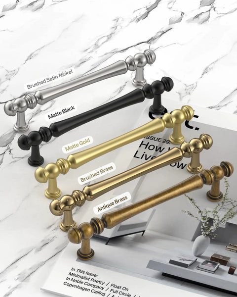 Top Shelf Brushed Brass Cabinet Handles 5 Inch Kitchen Pulls Hella Sturdy Zinc Alloy Rustproof Drawer Knobs in various finishes.