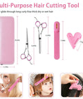 Game Changing DIY Haircutting Kit For Home Use Including Ultra Slick Hair Scissors Split Ends Trimmer And Precision Bangs Clips with pink shears and clips.