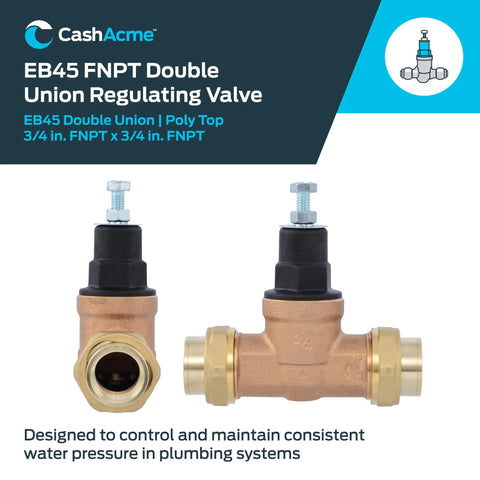 CashAcme EB45 pressure regulating valve, double union, 3/4 in FNPT brass body with poly top, two front/side views.