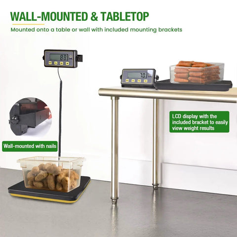 Heavy Duty 400 Pound Digital Receiving Scale With Anti Slip Aluminum Platform For Restaurant And Catering High Accuracy Kitchen Food Scale With Hold Tare Auto Off Dual Unit Kg Lb And Large LCD Display showing potatoes and sausages