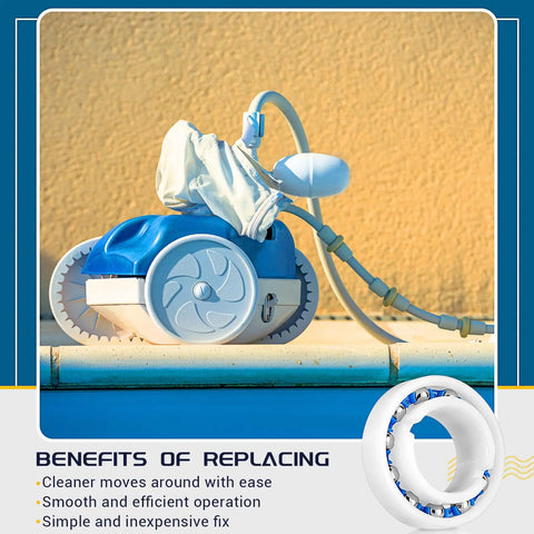 Restore Smooth Wheel Action With These Top Shelf Replacement Ball Bearings In A Handy 16 Pack showing pool cleaner with hose.
