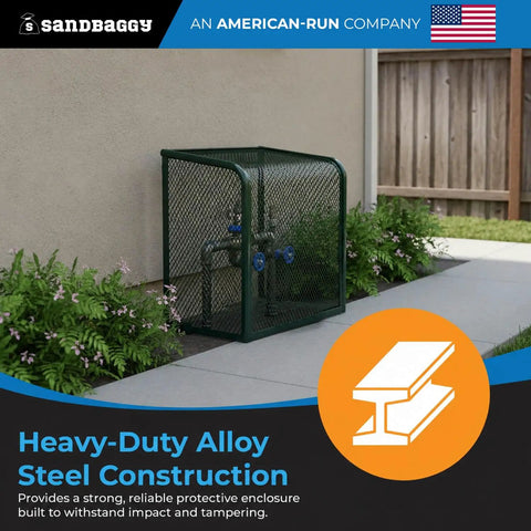 Rock Solid 24x24x12 Wall Mount Backflow Security Cage Heavy Duty Green Steel Enclosure for Outdoor Plumbing Gear in use outdoors.