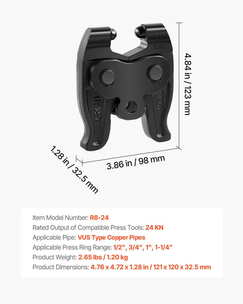 Compact Series Press Actuator For ProPress Copper Piping Tools Fits Half Inch Three Quarters Inch One Inch And One And A Quarter Inch Rings Pro Grade Heavy Duty 24KN Electric Press Tool Compatibility Ring Not Included, showing black R8-24 model dimensions and features