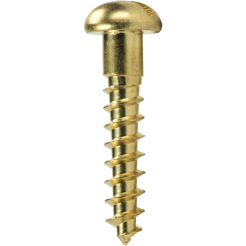 Close-up of No Nonsense Brass Wood Screw Slotted Round Head Size Two with deep coarse threads for DIY woodworking.