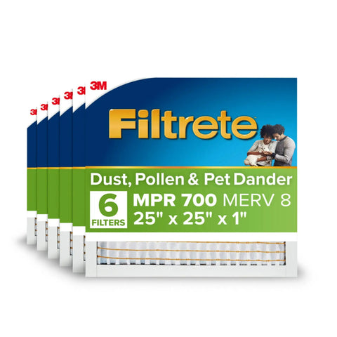 Air Filter 25x25x1 MERV 8 MPR 700 3 Month Replacement For AC And Furnace, 6 pack package reducing dust pollen pet dander