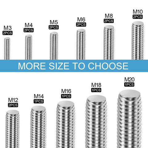 Stainless steel fully threaded rods, M3–M20 range, 2 pieces per size on a size-chart banner.