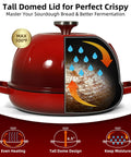 Illustration of 5 Quart Cast Iron Dutch Oven for Sourdough Baking with domed enamel lid and steaming bread in cherry red