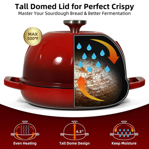 Illustration of 5 Quart Cast Iron Dutch Oven for Sourdough Baking with domed enamel lid and steaming bread in cherry red