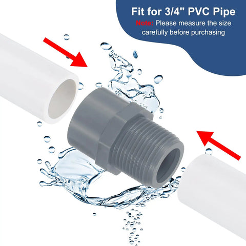 10 Pack PVC Male Adapter Pipe Fittings Three Quarter Inch 2 Way Socket To Male Thread Hose Connection Couplings With Sealant Tape For No Fuss DIY Plumbing And Water Line Projects Grey, shown fitting with white PVC pipe, surrounded by water splashes.