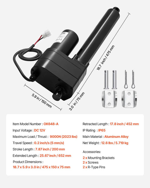 Image of 12V Beefy Linear Actuator 7.87 Inch Stroke With 2023 Pounds Thrust Built Like A Tank Featuring IP65 Waterproof Housing and brackets.
